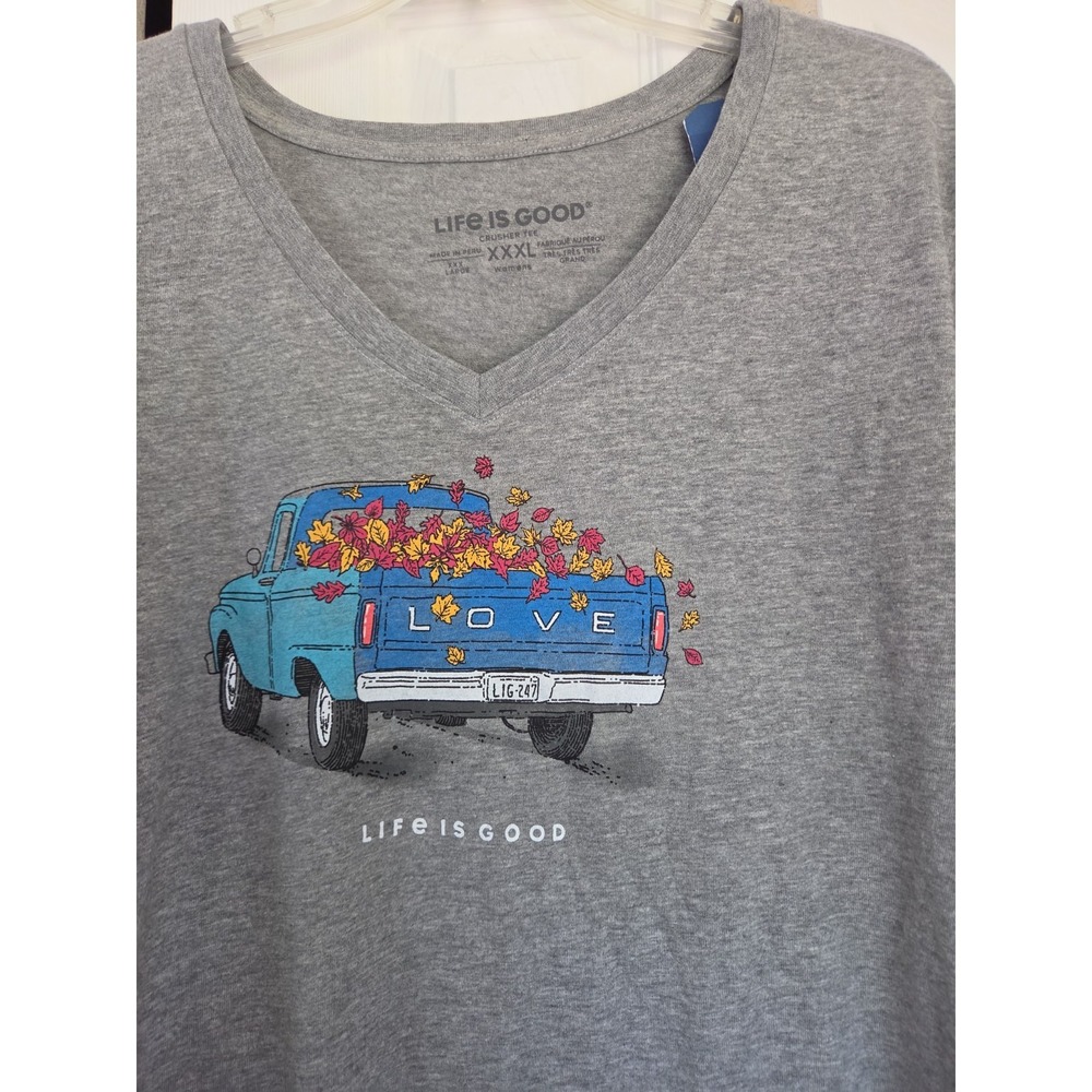 Life Is Good Crusher V-Neck T-Shirt Womens XXXL Fall Truck Love Heather Gray NEW - Picture 2 of 6